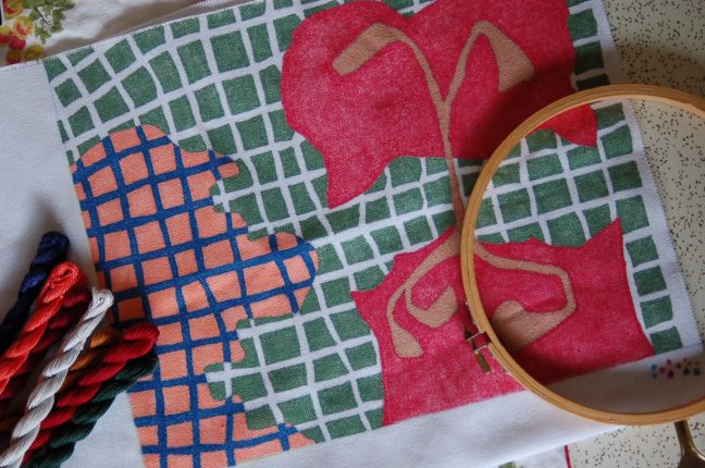 Toklas Needlepoint Footstool Embroidery WIP Before