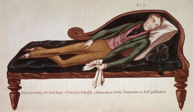 Representing the last stage of mental & bodily exhaustion from Onanism or Self-pollution Coloured engraving The Secret Companion, a medical work on onanism or self-pollution, with the best mode of treatment in all cases of nervous and sexual debility, impotency, etc R. J. Brodie Published: 1845